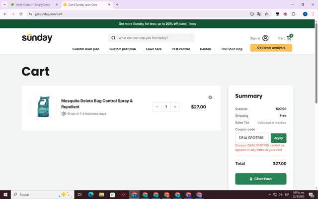 Sunday checkout page showing Sunday discount code box | Screenshot taken by SimplyCodes community member on Mar 22, 2025