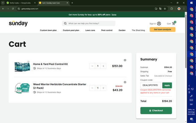 Sunday checkout page showing Sunday discount code box | Screenshot taken by SimplyCodes community member on Mar 23, 2025