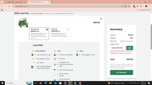Sunday checkout page showing Sunday discount code box | Screenshot taken by SimplyCodes community member on Mar 22, 2025