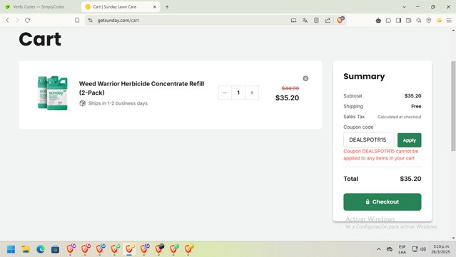 Sunday checkout page showing Sunday discount code box | Screenshot taken by SimplyCodes community member on Mar 26, 2025