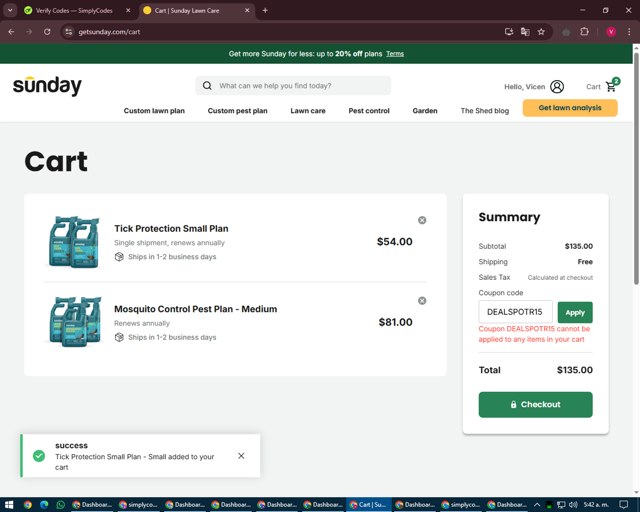 Sunday checkout page showing Sunday discount code box | Screenshot taken by SimplyCodes community member on Mar 23, 2025