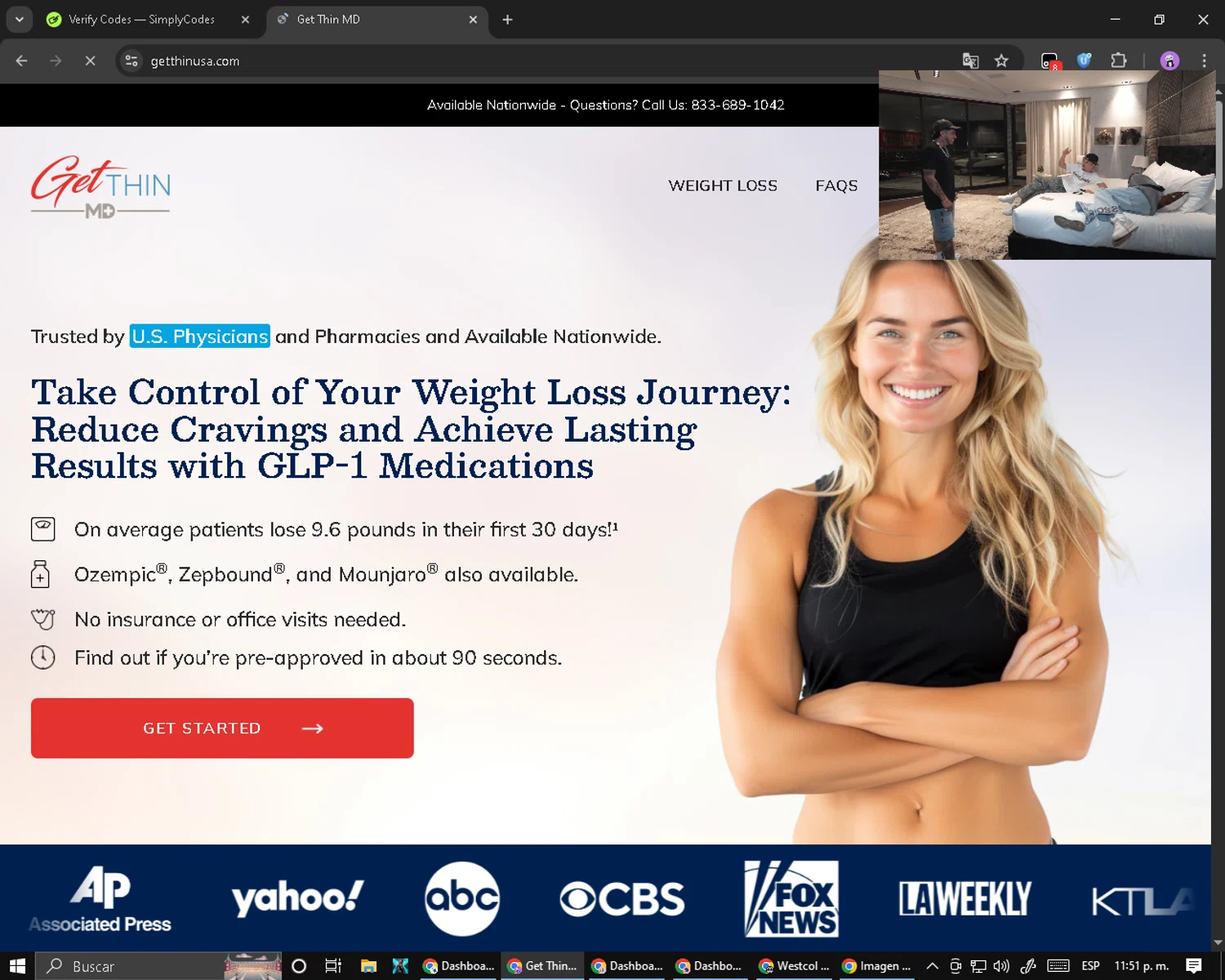 Get Thin USA discount code screenshot showing code SOCIAL100 applied at Get Thin USA checkout page. Uploaded by SimplyCodes community member PromoScout8746 on Aug 30, 2025