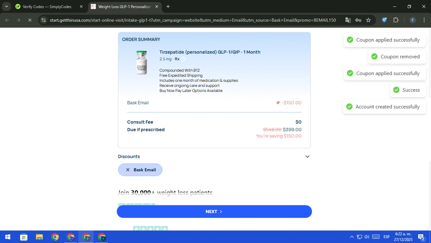 Get Thin USA discount code screenshot showing code BEMAIL150 applied at Get Thin USA checkout page. Uploaded by SimplyCodes community member pajarito on Dec 27, 2025