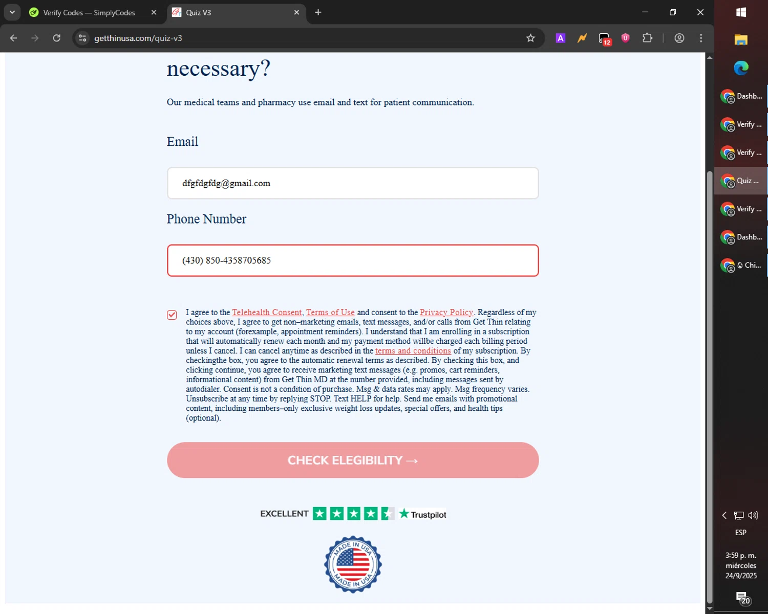 Get Thin USA discount code screenshot showing code THIN42 applied at Get Thin USA checkout page. Uploaded by SimplyCodes community member SmartMaverick5327 on Sep 24, 2025