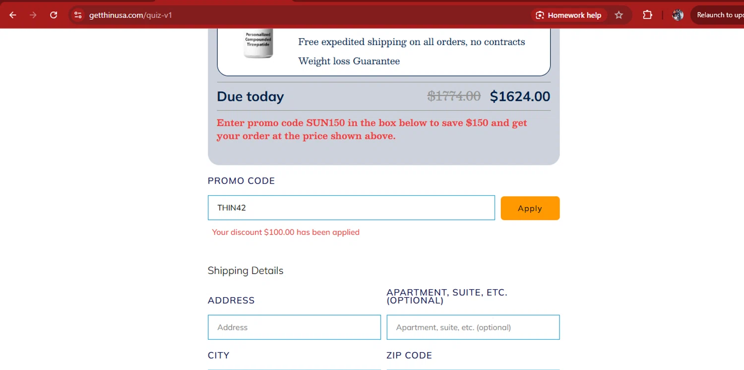 Get Thin USA discount code screenshot showing code THIN42 applied at Get Thin USA checkout page. Uploaded by SimplyCodes community member kimberlinmartinez on Sep 20, 2025