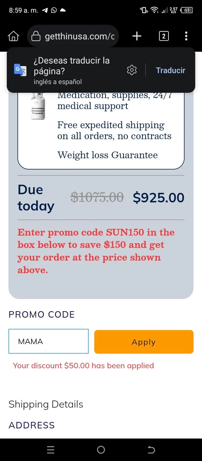 Get Thin USA discount code screenshot showing code MAMA applied at Get Thin USA checkout page. Uploaded by SimplyCodes community member CleverSleuth6613 on Sep 20, 2025