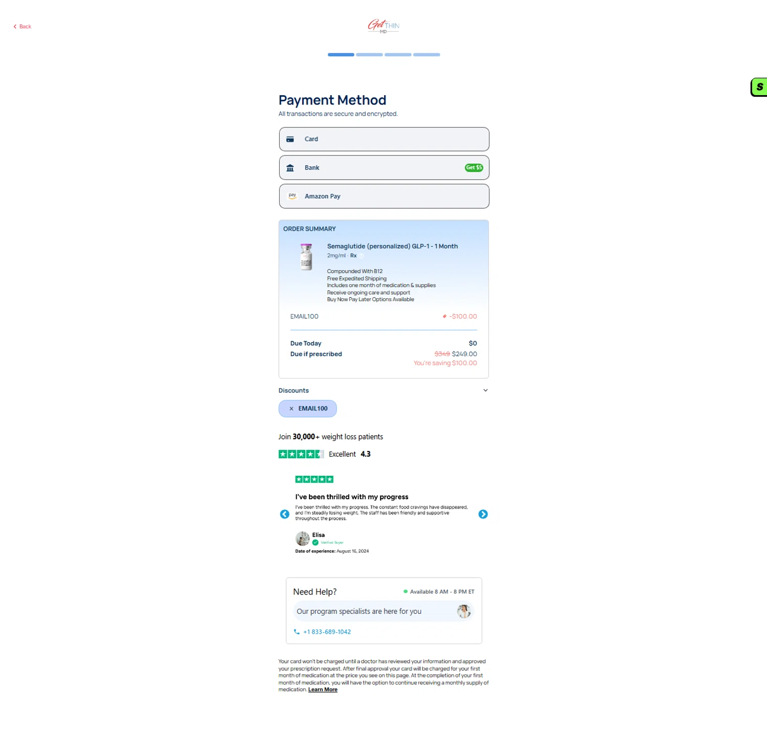 Get Thin USA discount code screenshot showing code EMAIL100 applied at Get Thin USA checkout page. Uploaded by SimplyCodes community member ESTHER3121 on Jul 27, 2025
