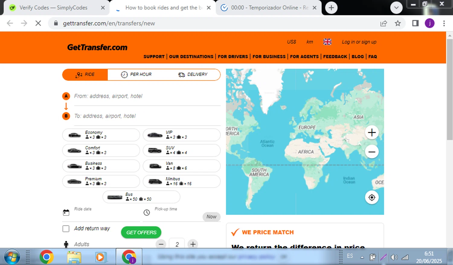 GetTransfer.com promo code screenshot showing code ELOGTR3 applied at GetTransfer.com checkout page. Uploaded by SimplyCodes community member QuestScholar4095 on Jun 20, 2025