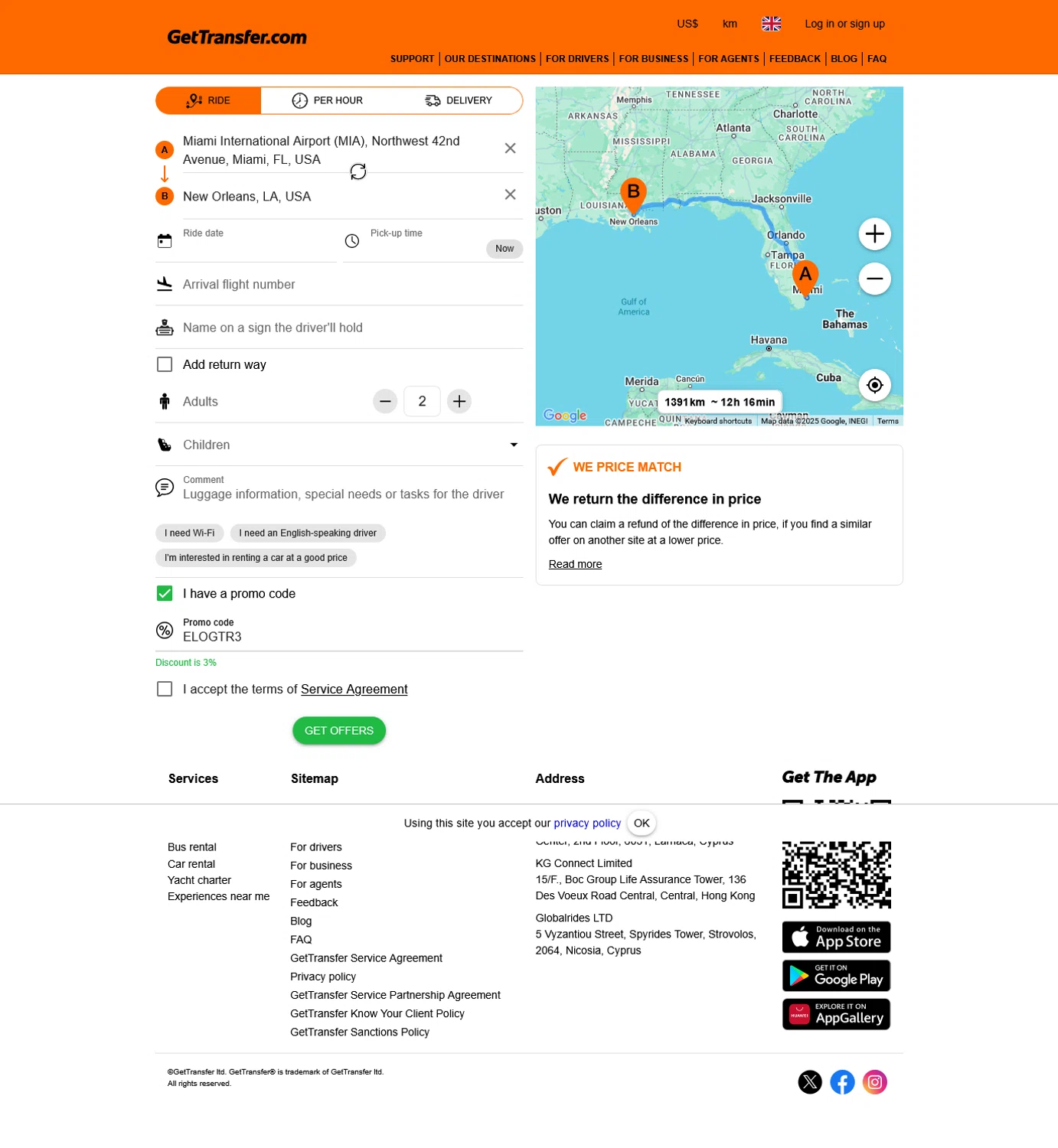 GetTransfer.com promo code screenshot showing code ELOGTR3 applied at GetTransfer.com checkout page. Uploaded by SimplyCodes community member WladimirV on May 19, 2025
