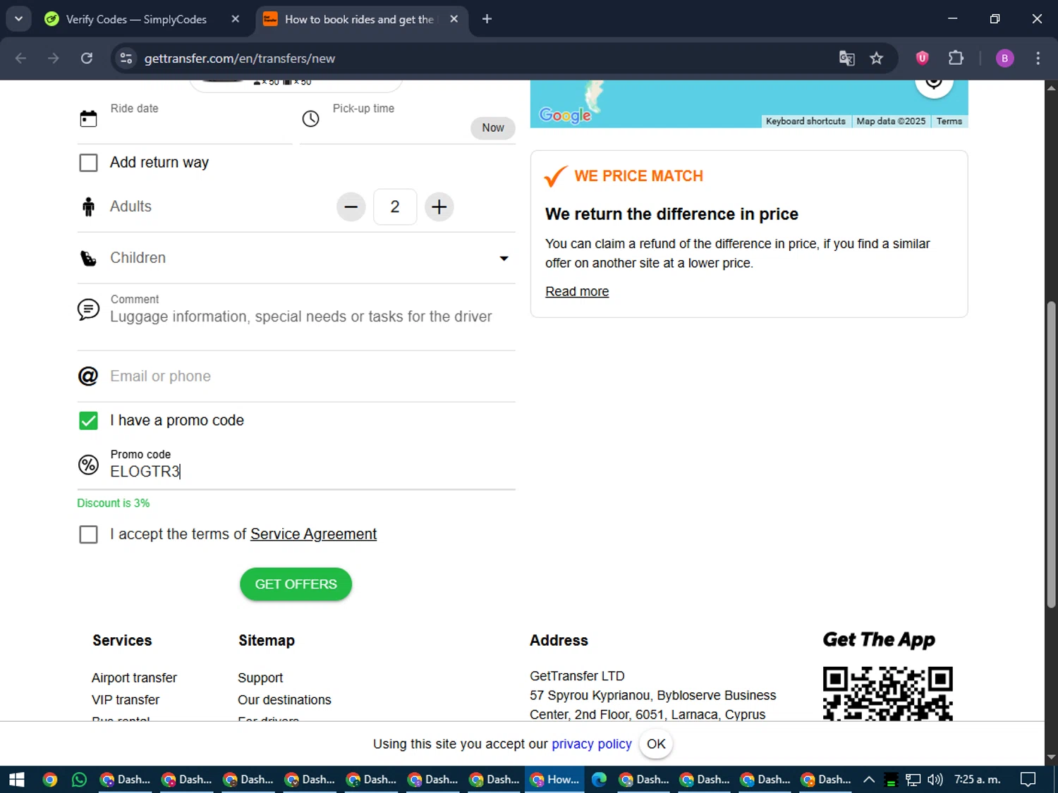 GetTransfer.com promo code screenshot showing code ELOGTR3 applied at GetTransfer.com checkout page. Uploaded by SimplyCodes community member travisscott on Jun 20, 2025