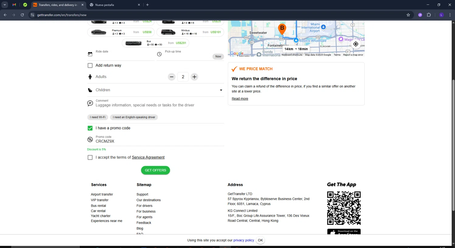 GetTransfer.com promo code screenshot showing code CRCMZ9X applied at GetTransfer.com checkout page. Uploaded by SimplyCodes community member CoinElite8726 on Jun 27, 2025