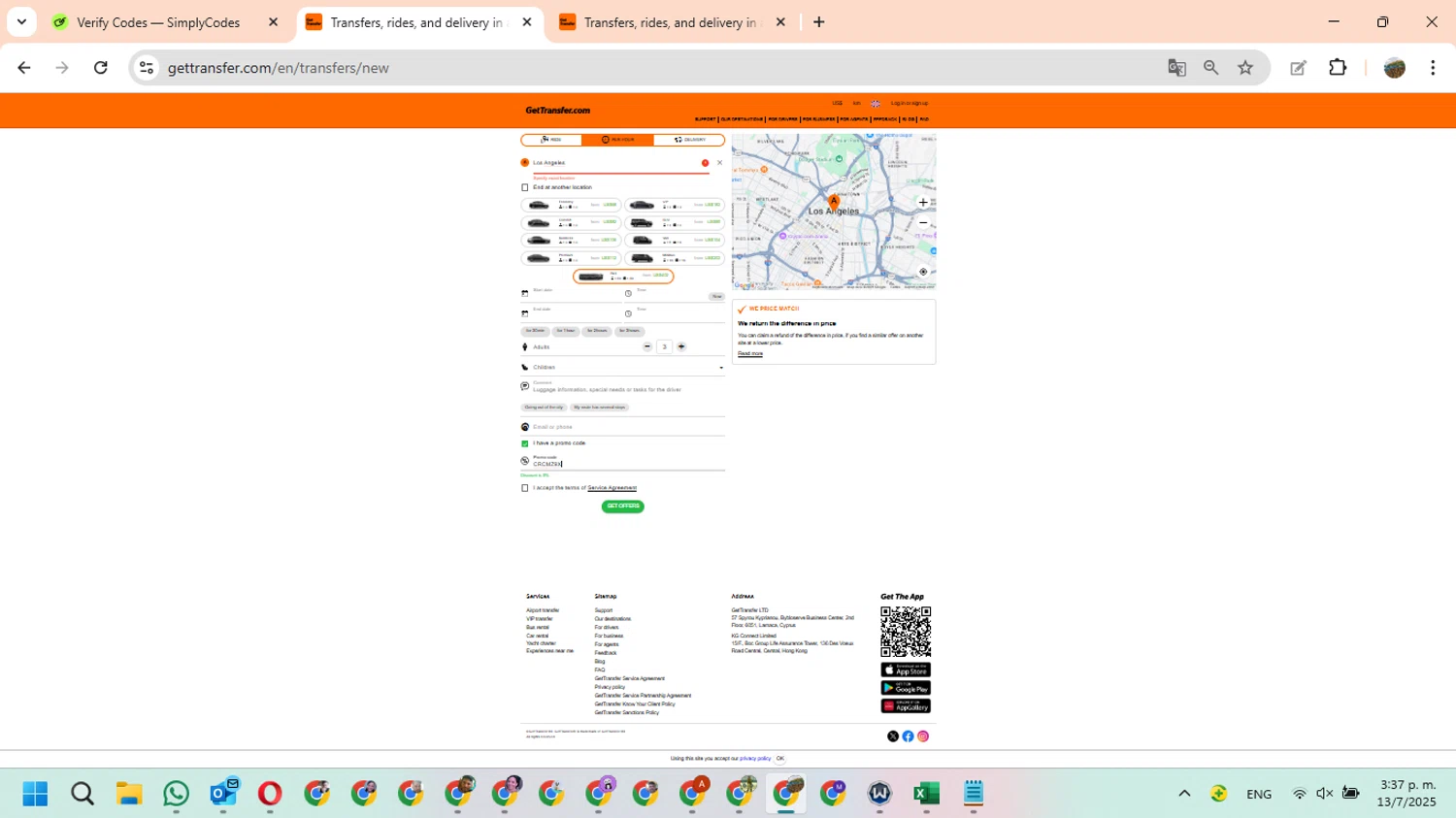 GetTransfer.com promo code screenshot showing code CRCMZ9X applied at GetTransfer.com checkout page. Uploaded by SimplyCodes community member FundoEsperanza on Jul 13, 2025