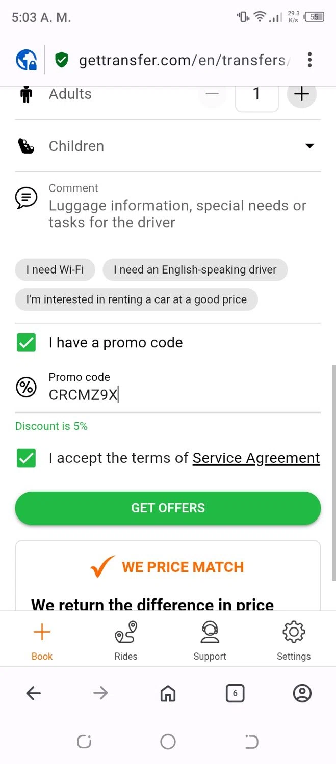GetTransfer.com promo code screenshot showing code CRCMZ9X applied at GetTransfer.com checkout page. Uploaded by SimplyCodes community member VoucherFalcon3942 on Nov 25, 2025