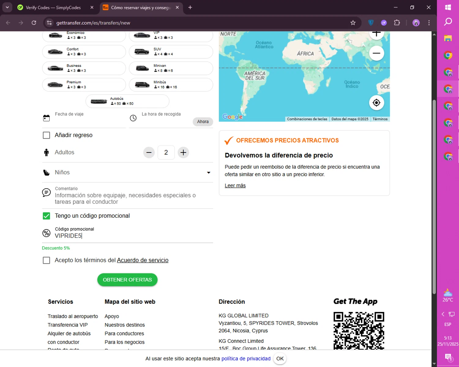 GetTransfer.com promo code screenshot showing code VIPRIDE5 applied at GetTransfer.com checkout page. Uploaded by SimplyCodes community member CashSaver4711 on Nov 25, 2025