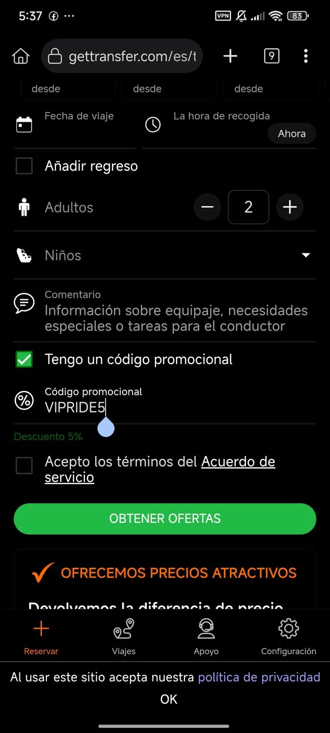 GetTransfer.com promo code screenshot showing code VIPRIDE5 applied at GetTransfer.com checkout page. Uploaded by SimplyCodes community member Enmanuel17 on Oct 24, 2025