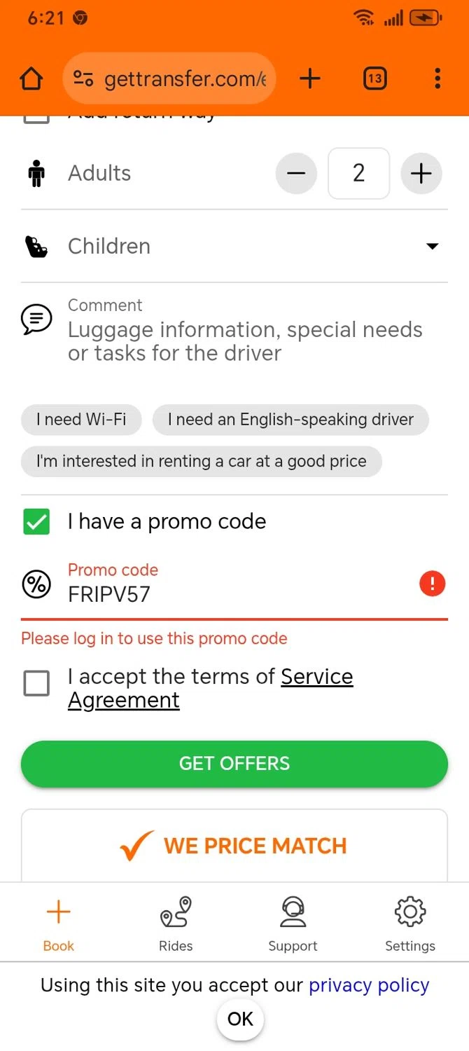 GetTransfer.com promo code screenshot showing code FRIPV57 applied at GetTransfer.com checkout page. Uploaded by SimplyCodes community member franksanchez on Jan 29, 2026