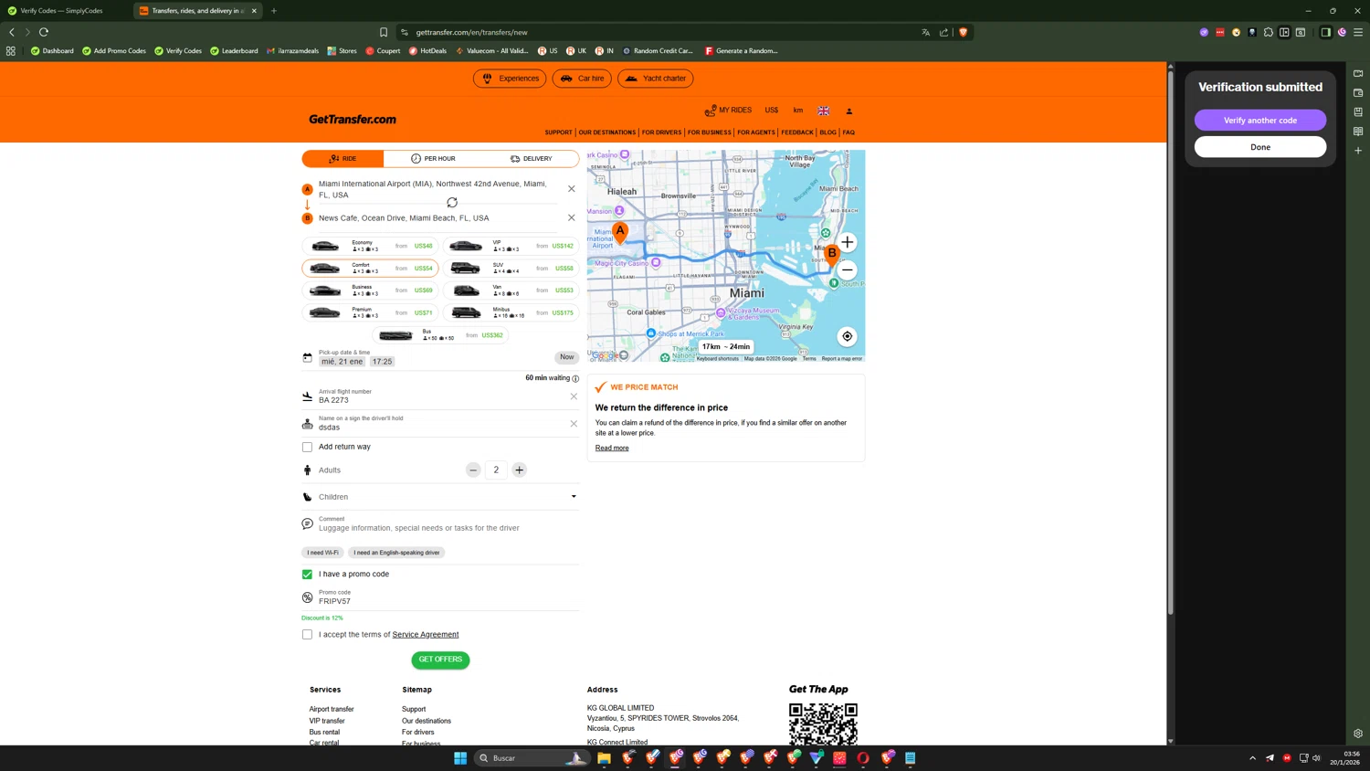 GetTransfer.com promo code screenshot showing code FRIPV57 applied at GetTransfer.com checkout page. Uploaded by SimplyCodes community member CoreSeeker9184 on Jan 20, 2026