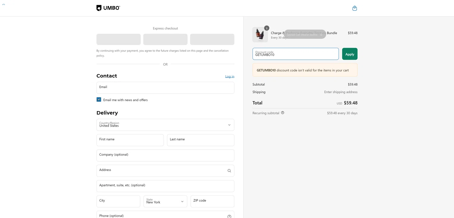 Umbo discount code screenshot showing code GETUMBO10 applied at Umbo checkout page. Uploaded by SimplyCodes community member TokenFalcon7462 on Apr 9, 2025