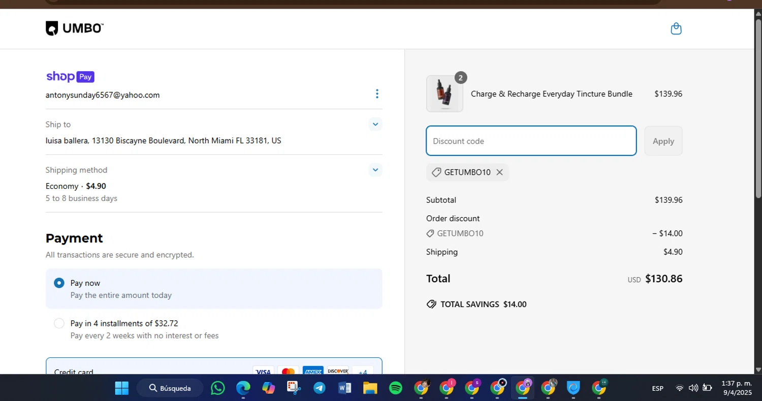 Umbo discount code screenshot showing code GETUMBO10 applied at Umbo checkout page. Uploaded by SimplyCodes community member GoldLynx7797 on Apr 9, 2025