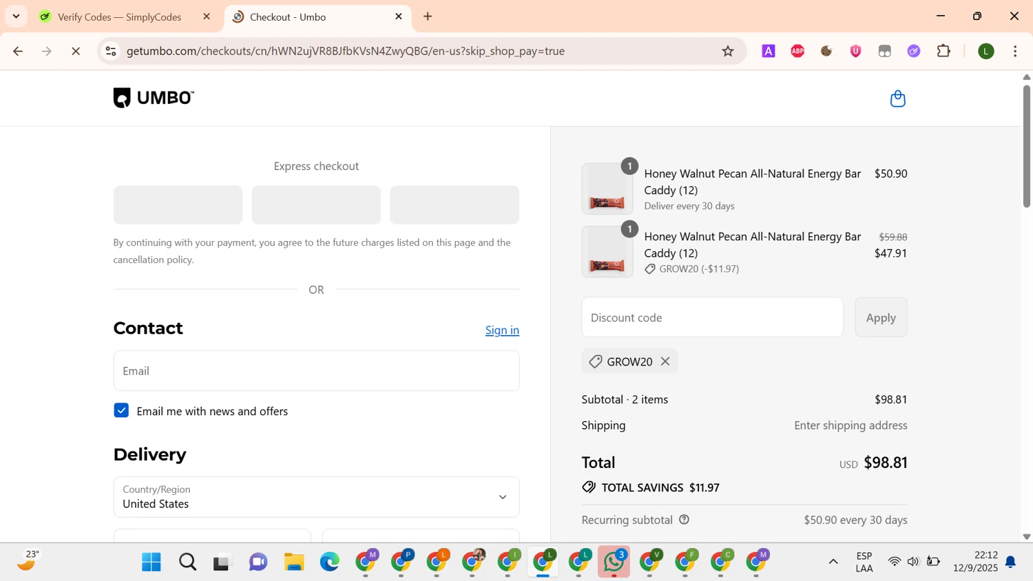 Umbo discount code screenshot showing code GROW20 applied at Umbo checkout page. Uploaded by SimplyCodes community member SavvySeeker4827 on Sep 13, 2025