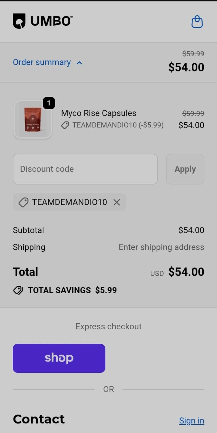 Umbo discount code screenshot showing code TEAMDEMANDIO10 applied at Umbo checkout page. Uploaded by SimplyCodes community member LegendaryVirtuoso1643 on Oct 4, 2025