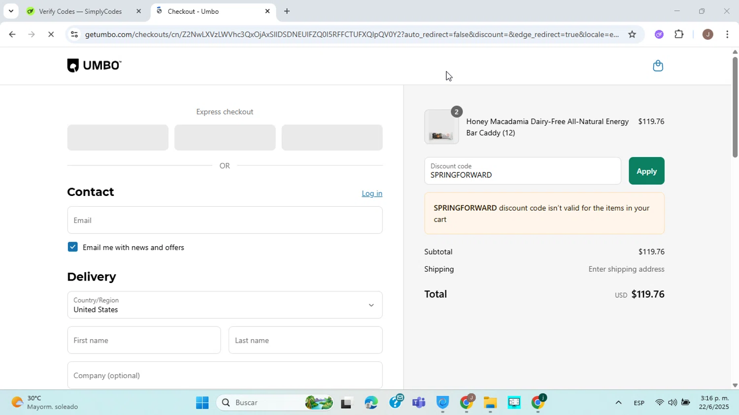 Umbo discount code screenshot showing code SPRINGFORWARD applied at Umbo checkout page. Uploaded by SimplyCodes community member ABHF23 on Jun 22, 2025
