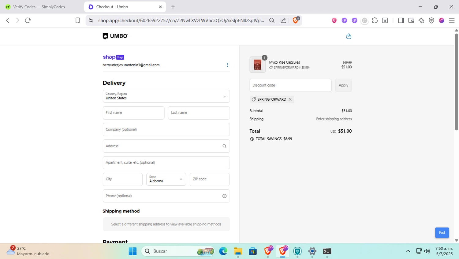 Umbo discount code screenshot showing code SPRINGFORWARD applied at Umbo checkout page. Uploaded by SimplyCodes community member SapeGato on Jul 5, 2025