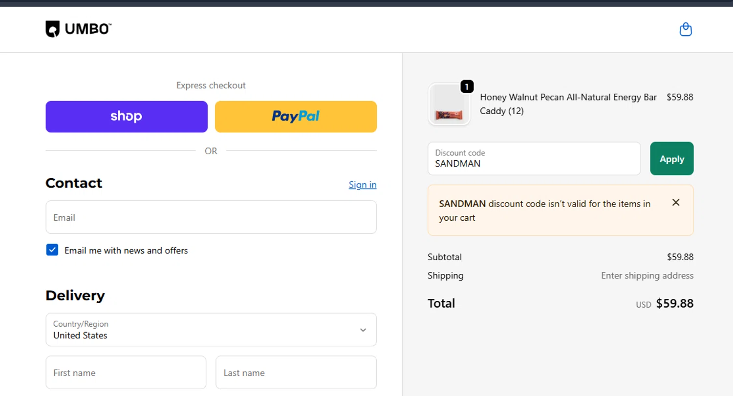 Umbo discount code screenshot showing code SANDMAN applied at Umbo checkout page. Uploaded by SimplyCodes community member Gaby04 on Nov 25, 2025