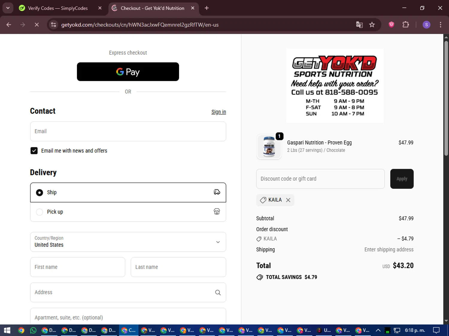Get Yok'd Nutrition promo code screenshot showing code KAILA applied at Get Yok'd Nutrition checkout page. Uploaded by SimplyCodes community member LuckyVoyager688 on Sep 30, 2025