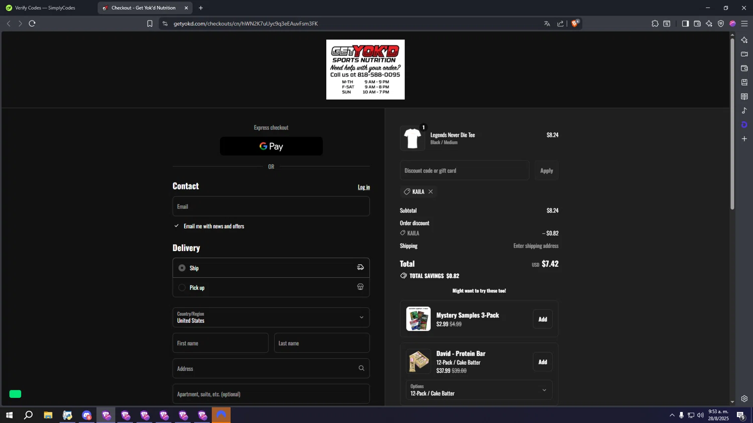 Get Yok'd Nutrition promo code screenshot showing code KAILA applied at Get Yok'd Nutrition checkout page. Uploaded by SimplyCodes community member kkkkkkkkkkkkkkkkkkkk on Aug 28, 2025