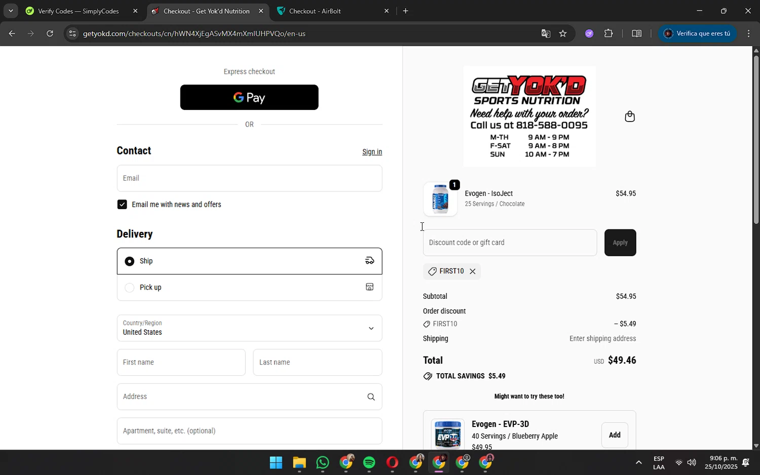 Get Yok'd Nutrition promo code screenshot showing code FIRST10 applied at Get Yok'd Nutrition checkout page. Uploaded by SimplyCodes community member AshlyMichell on Oct 26, 2025