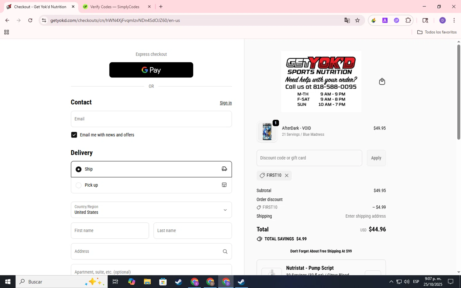 Get Yok'd Nutrition promo code screenshot showing code FIRST10 applied at Get Yok'd Nutrition checkout page. Uploaded by SimplyCodes community member SavingsSpotter2269 on Oct 26, 2025