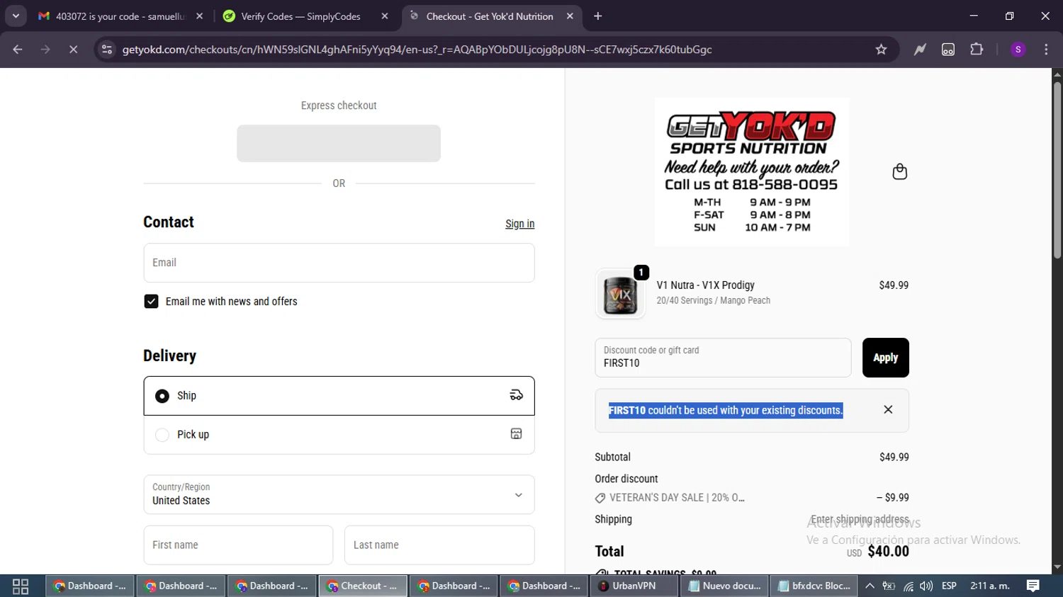 Get Yok'd Nutrition promo code screenshot showing code FIRST10 applied at Get Yok'd Nutrition checkout page. Uploaded by SimplyCodes community member ShieldWarden7838 on Nov 11, 2025