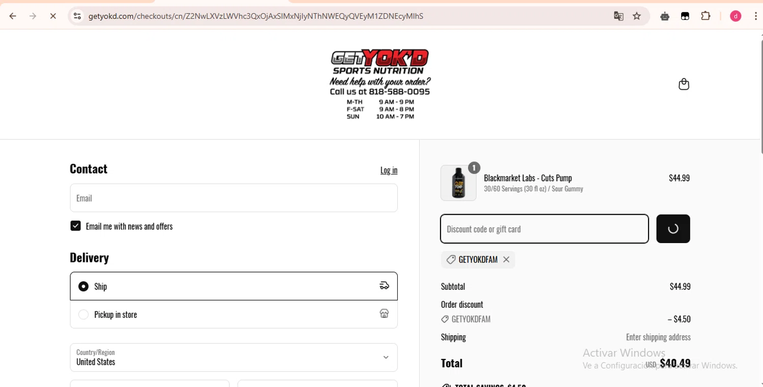 Get Yok'd Nutrition promo code screenshot showing code GETYOKDFAM applied at Get Yok'd Nutrition checkout page. Uploaded by SimplyCodes community member LegendaryHunter6399 on Apr 17, 2025