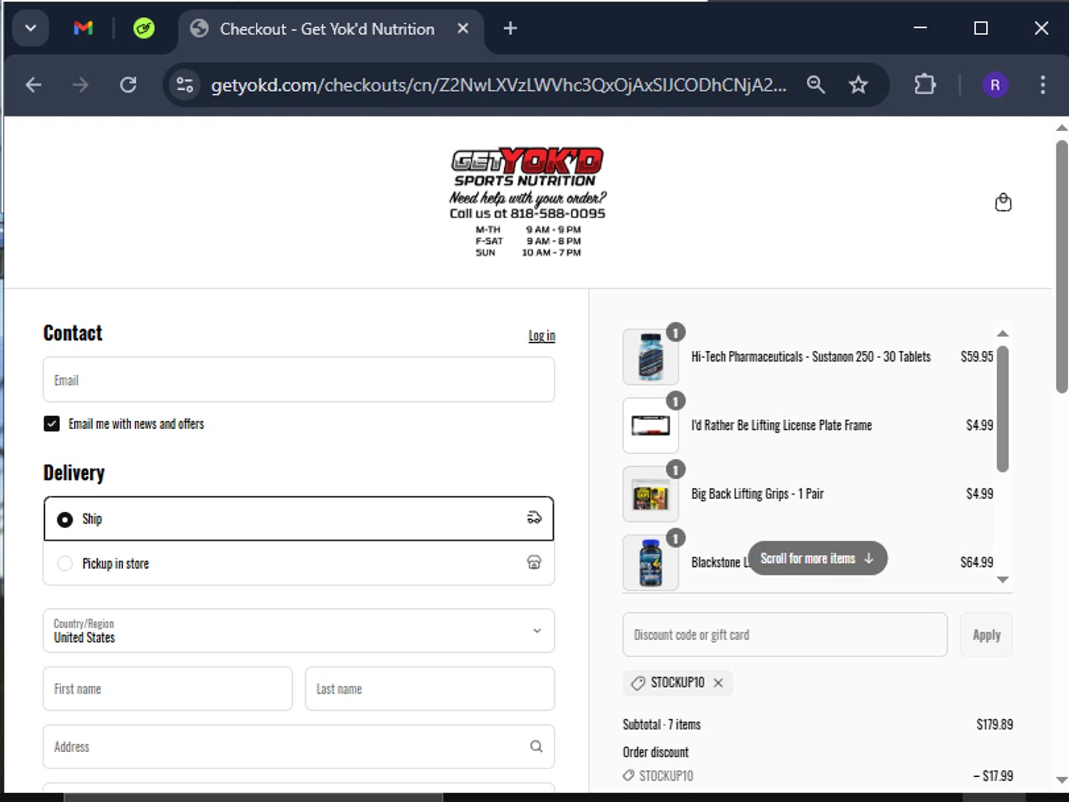 Get Yok'd Nutrition promo code screenshot showing code Stockup10 applied at Get Yok'd Nutrition checkout page. Uploaded by SimplyCodes community member CashCollector4199 on Apr 8, 2025