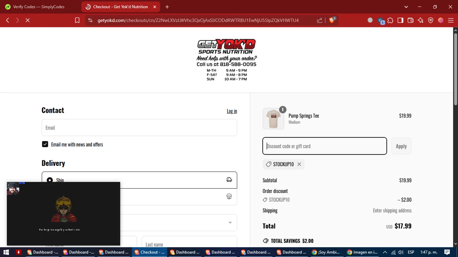 Get Yok'd Nutrition promo code screenshot showing code Stockup10 applied at Get Yok'd Nutrition checkout page. Uploaded by SimplyCodes community member VictoriousCaptain7627 on Apr 8, 2025