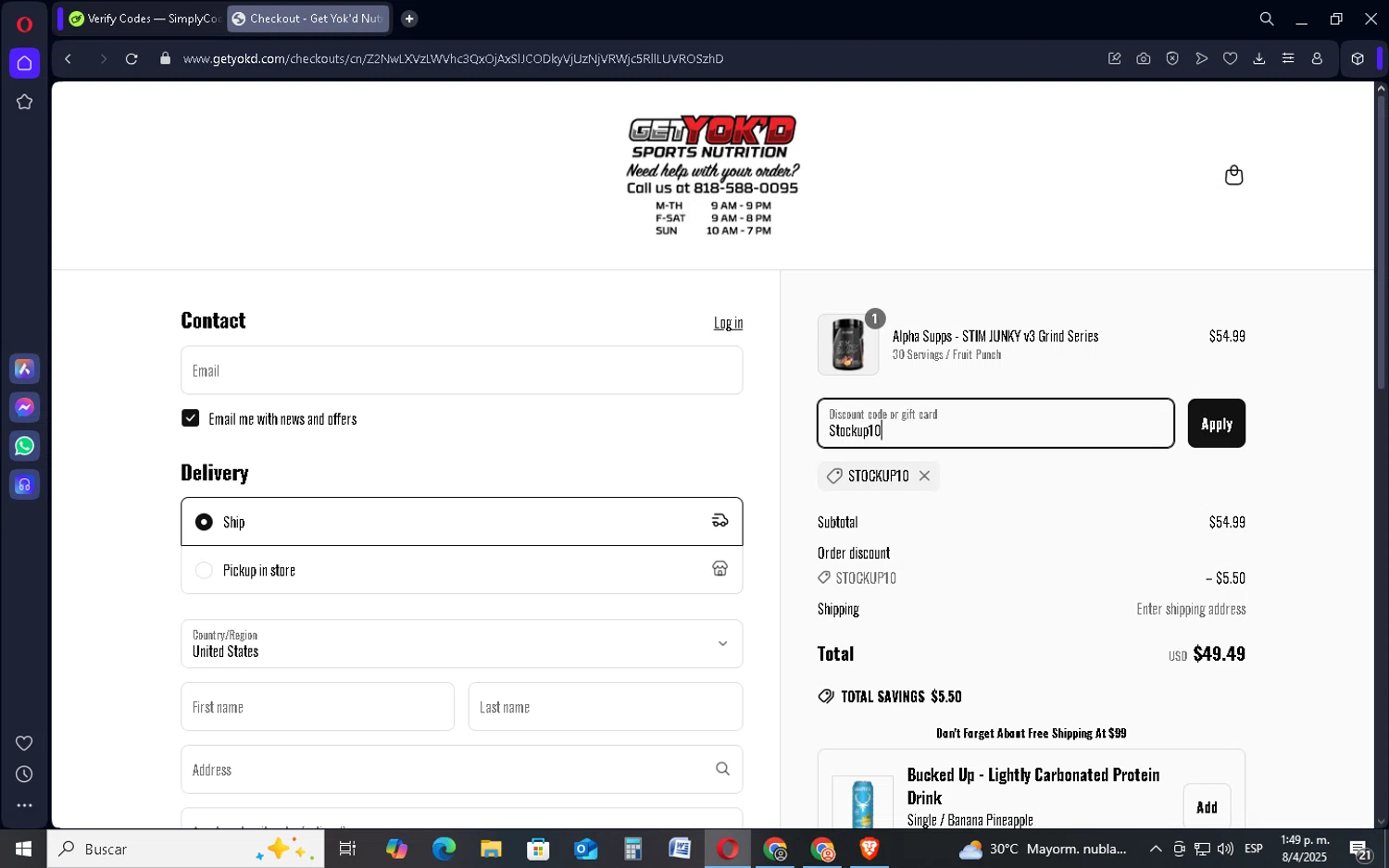 Get Yok'd Nutrition promo code screenshot showing code Stockup10 applied at Get Yok'd Nutrition checkout page. Uploaded by SimplyCodes community member SavingsSentinel833 on Apr 8, 2025