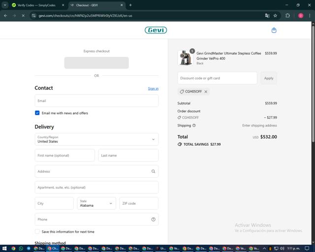 Gevi checkout page showing Gevi discount code box | Screenshot taken by SimplyCodes community member on Sep 10, 2025