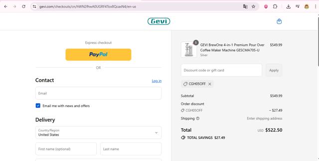 Gevi checkout page showing Gevi discount code box | Screenshot taken by SimplyCodes community member on Sep 6, 2025