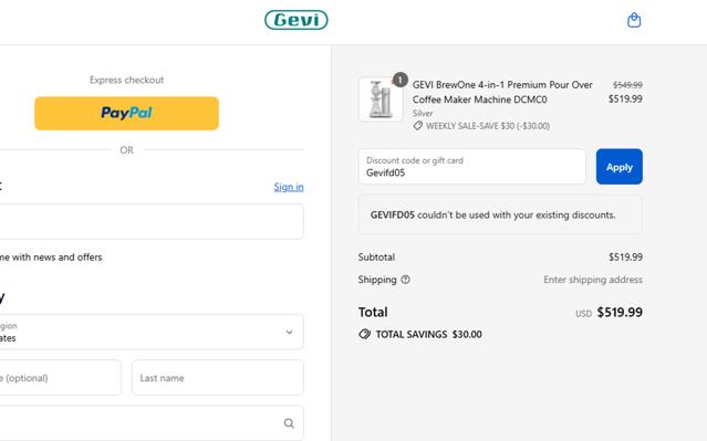 Gevi checkout page showing Gevi discount code box | Screenshot taken by SimplyCodes community member on Sep 10, 2025