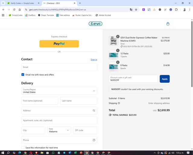 Gevi checkout page showing Gevi discount code box | Screenshot taken by SimplyCodes community member on Sep 10, 2025