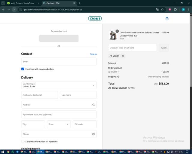 Gevi checkout page showing Gevi discount code box | Screenshot taken by SimplyCodes community member on Sep 10, 2025