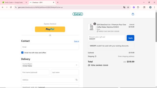 Gevi checkout page showing Gevi discount code box | Screenshot taken by SimplyCodes community member on Sep 10, 2025