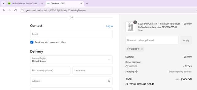Gevi checkout page showing Gevi discount code box | Screenshot taken by SimplyCodes community member on Sep 6, 2025