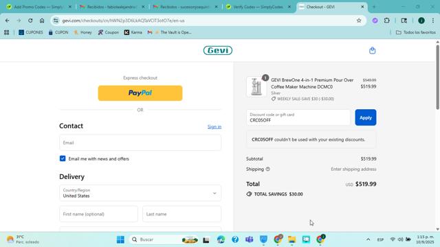 Gevi checkout page showing Gevi discount code box | Screenshot taken by SimplyCodes community member on Sep 10, 2025