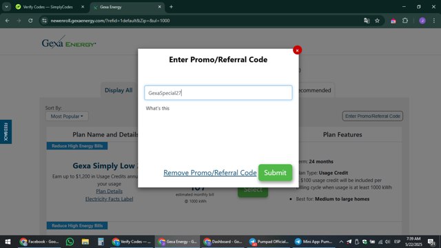 Gexa Energy checkout page showing Gexa Energy promo code box | Screenshot taken by SimplyCodes community member on May 22, 2025
