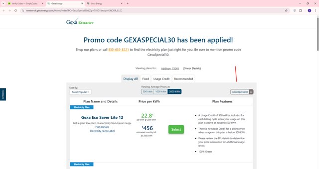 Gexa Energy checkout page showing Gexa Energy promo code box | Screenshot taken by SimplyCodes community member on May 22, 2025