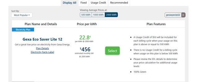 Gexa Energy checkout page showing Gexa Energy promo code box | Screenshot taken by SimplyCodes community member on May 22, 2025