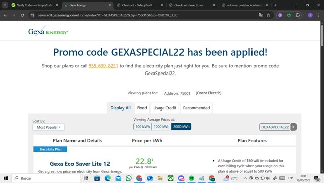Gexa Energy checkout page showing Gexa Energy promo code box | Screenshot taken by SimplyCodes community member on Jun 12, 2025