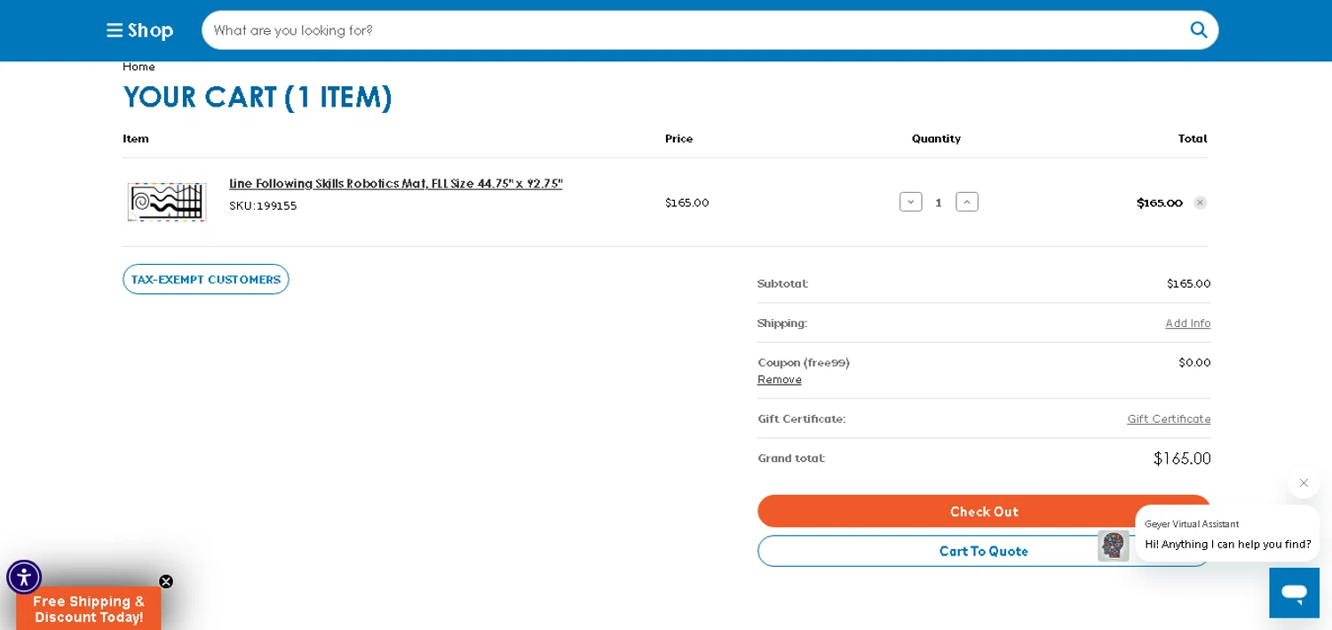 Geyer Instructional promo code screenshot showing code free99 applied at Geyer Instructional checkout page. Uploaded by SimplyCodes community member CashAce9852 on May 26, 2025
